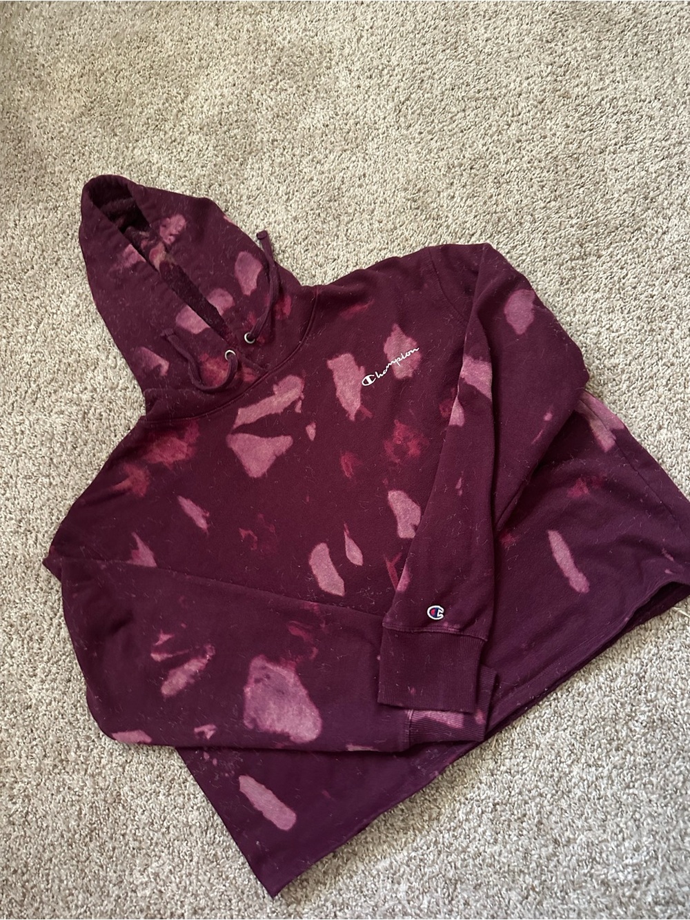 Champion Burgundy Bleach-Effect Pullover Cropped Hoodie